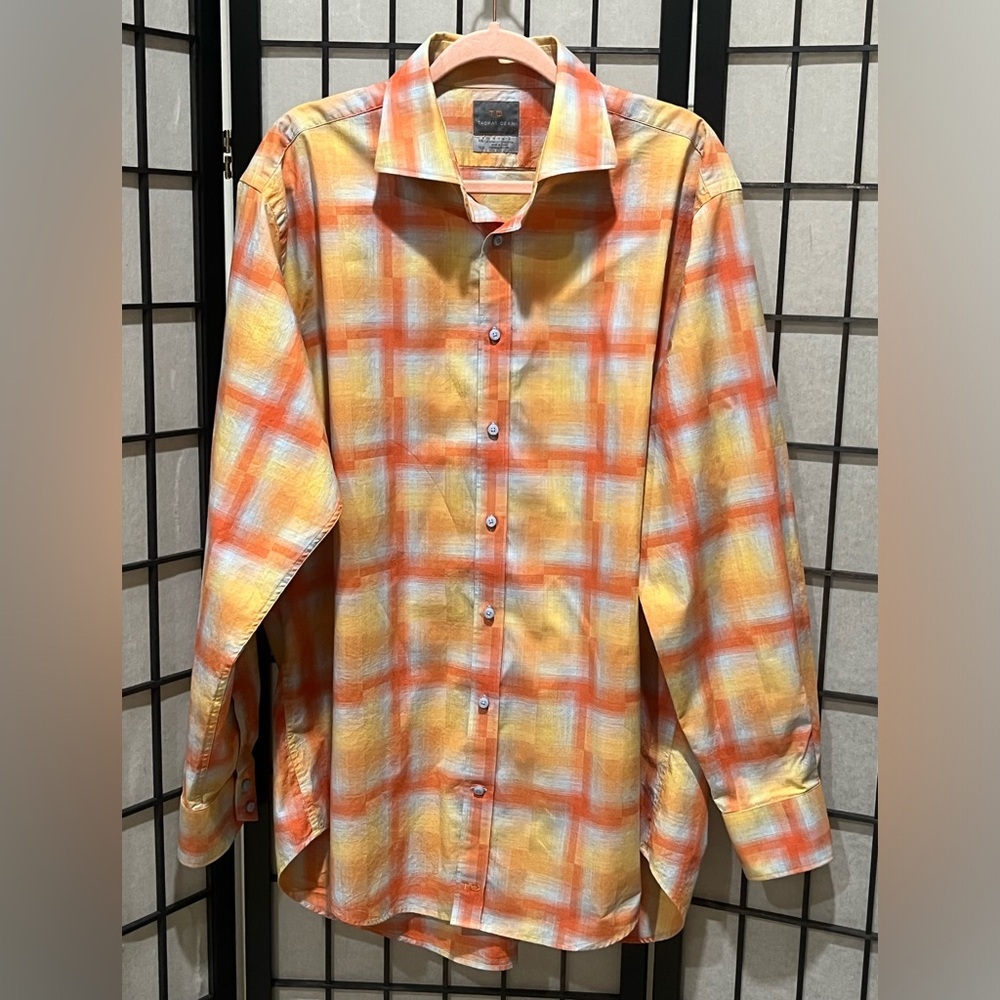 THOMAS DEAN Orange Plaid Button-Up Shirt MEN SIZE XXL